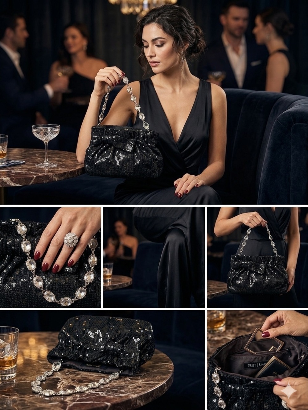 White House Black Market Black Sequin Clutch with Crystal Chain - Picture 2 of 12